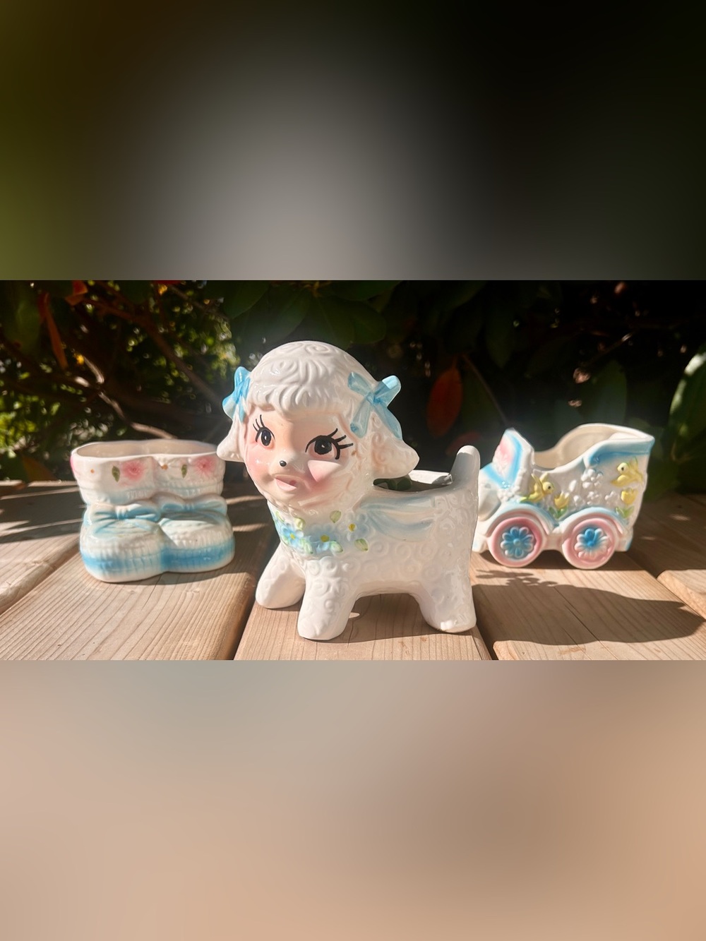 Set of Vintage Kitsch Anthropomorphic Ceramic Planters- Lamb, Birds, RELPO Car